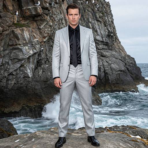 Man in Metallic Suit by Rocky Cliffs