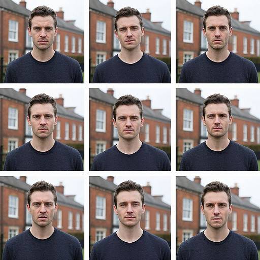 Photograph collage of a white, clean-shaven man with short dark hair, wearing a black shirt, displaying neutral expressions, set against a background of