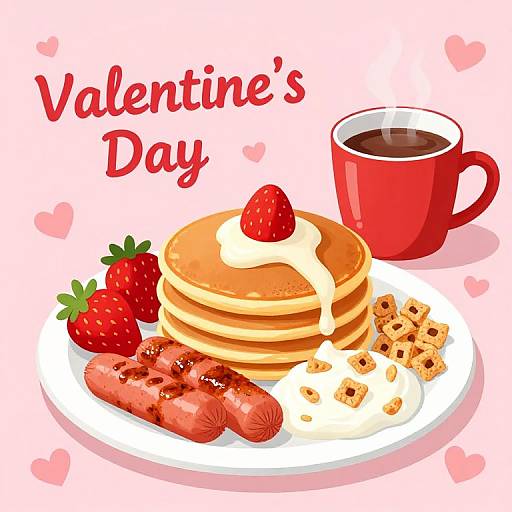 Digital illustration of a Valentine's Day breakfast: pancakes with syrup, strawberry, sausage, whipped cream, and coffee, with 
