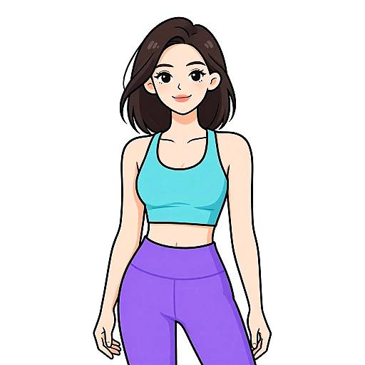 Digital anime-style drawing of a smiling woman with shoulder-length black hair, wearing a blue sports bra and purple leggings, against a white background.
