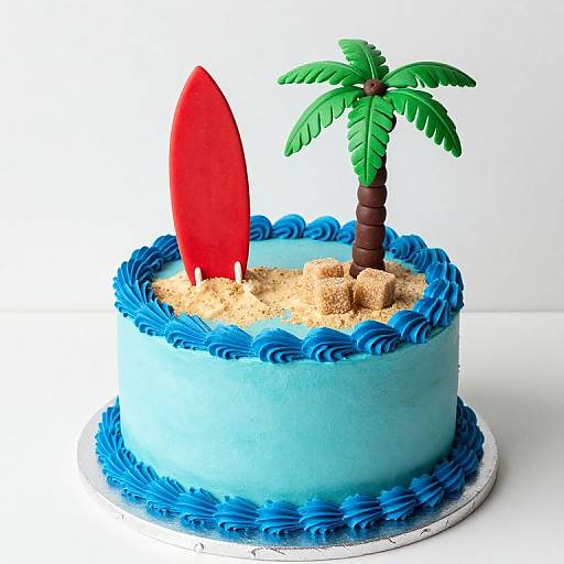 Photograph of a blue birthday cake with blue frosting, sandy top, red surfboard, and green palm tree, set against a white background.