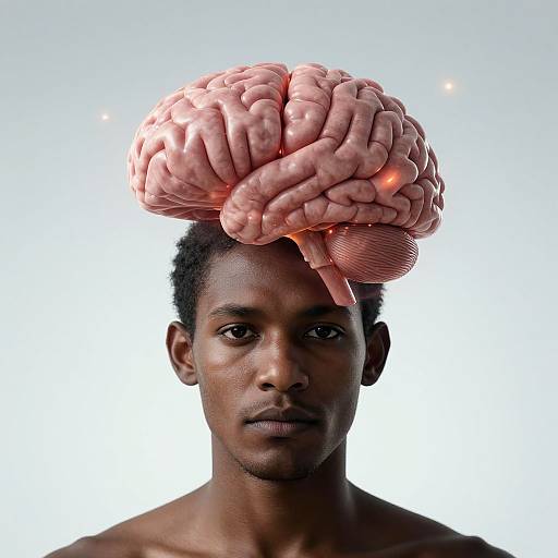 Photograph of a shirtless black man with a realistic, glowing pink brain floating above his head against a white background.