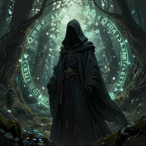 Digital artwork of a hooded, shadowy figure in a dark, mystical forest, surrounded by a glowing, neon-green, circular rune circle.