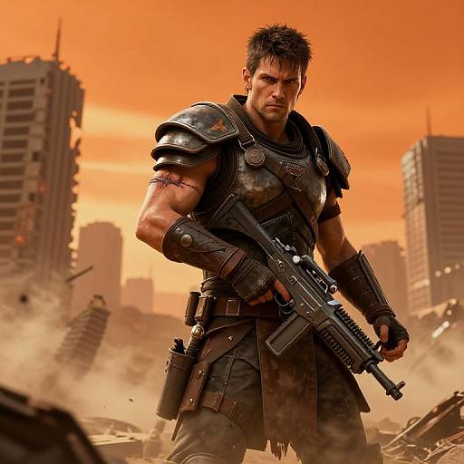 Photorealistic CGI of a muscular, armored man with short dark hair, holding a rifle, standing in a ruined cityscape with orange sky, broken