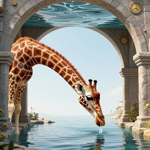 Digital artwork of a giraffe with a patterned coat drinking from a serene, reflective water pool under a grand stone arch.