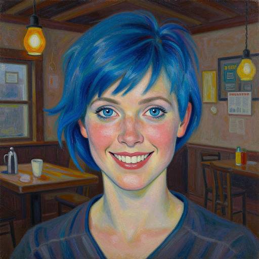 Vibrant digital portrait of a smiling woman with blue short hair in a cozy, dimly-lit café, featuring warm yellow lights and wooden furniture