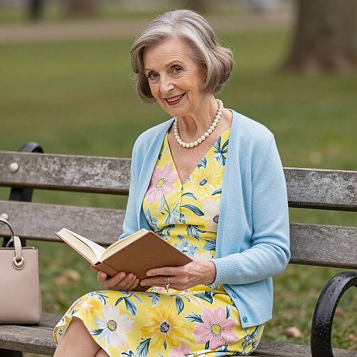 Photograph of an elderly woman with short gray hair, wearing a yellow floral dress, blue cardigan, and pearl necklace, reading a book on a