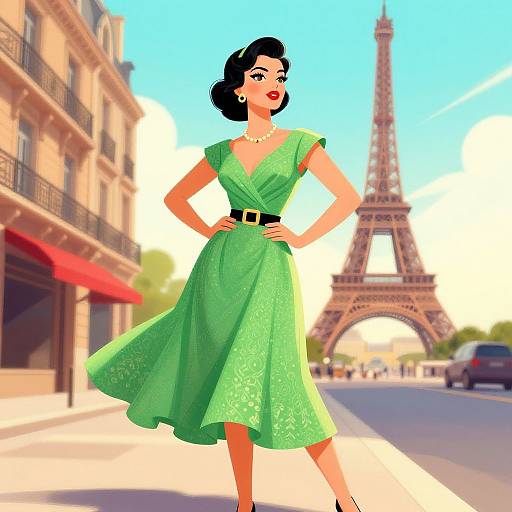 Digital drawing of a stylish woman in a green lace dress, black belt, pearl necklace, and red lipstick, standing confidently on a Paris street with the