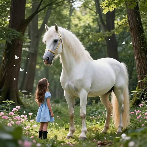 Photograph of a young girl in a blue dress standing in a forest, looking at a large white horse with a golden halter, surrounded by pink
