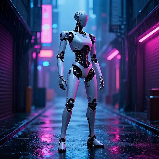 Cybernetic humanoid robot standing in a neon-lit, rainy urban alley. Bright pink and blue neon signs reflect on wet ground. Futuristic