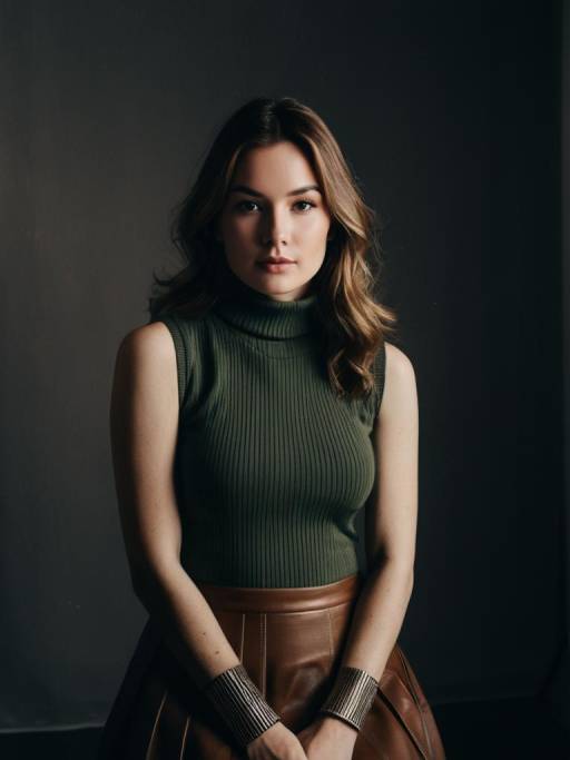 Chic Woman in Olive Sleeveless Turtleneck and Tan Skirt