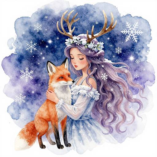 Watercolor illustration of a purple-haired, antlered woman with a white snowflake dress, hugging a red fox against a starry, snowy