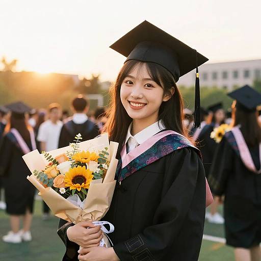 Photograph of a smiling Asian woman in a black graduation cap and gown, holding a bouquet of sunflowers, standing outdoors at sunset with other graduates in