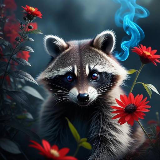 Glowing Raccoon with Red Flower
