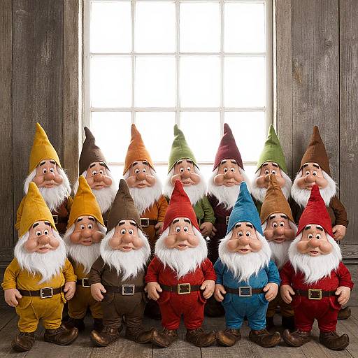 Photograph of twelve gnome figurines, each wearing colorful hats and outfits, standing in front of a brightly lit window.