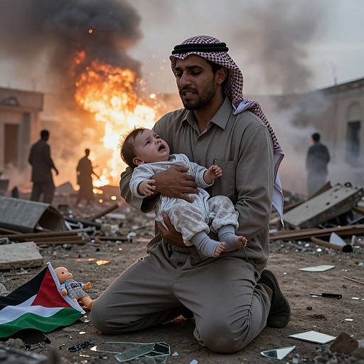 Photograph of a Middle Eastern man with a keffiyeh, kneeling and cradling a crying baby amidst a war-torn street with a