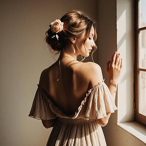 Woman in Bohemian Off-Shoulder Dress by Window