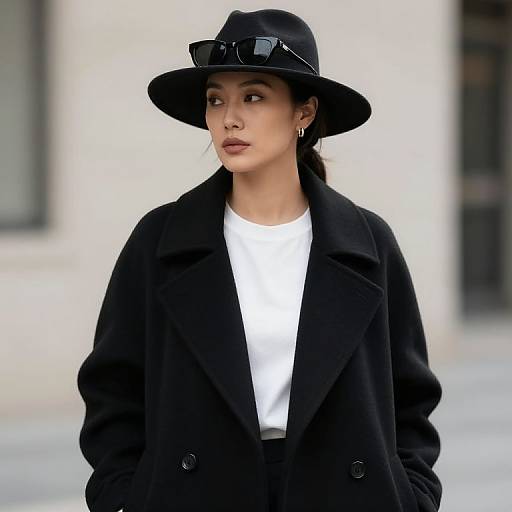 Photograph of a young woman with light brown skin, wearing a black wide-brimmed hat, black coat, white t-shirt, and black sunglasses