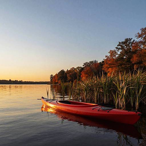 Red Kayak on Serene Lake at Sunset