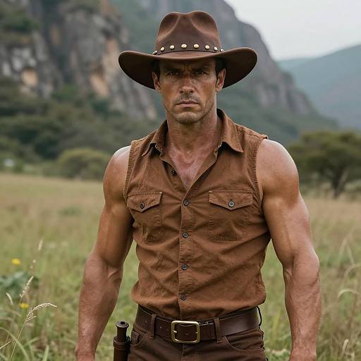 Rugged Man in Brown Cowboy Outfit in Mountain Field