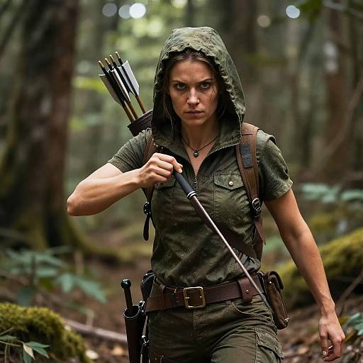 Photograph of a focused, muscular woman with long brown hair, wearing a green hooded tunic, archery quiver, and forest gear,
