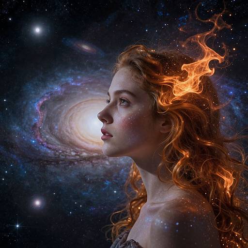 Digital artwork of a fair-skinned woman with fiery red hair, gazing at a glowing spiral galaxy in a starry cosmos.