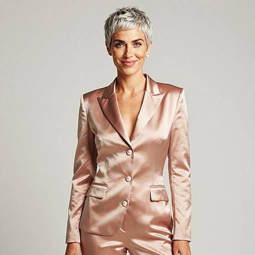 Elegant Woman in Rose-Gold Satin Suit