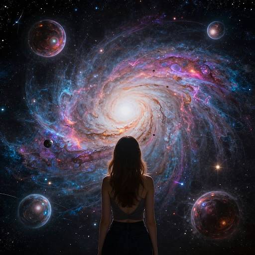 Digital artwork of a woman with long brown hair, back to the viewer, gazing at a vibrant, colorful spiral galaxy with glowing stars and floating bubbles