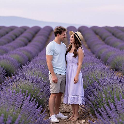 Photograph of a smiling couple standing in a lavender field, with the man in a white tee and khaki shorts, the woman in a white dress