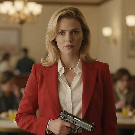 Cinematic Blonde Woman in Red Blazer