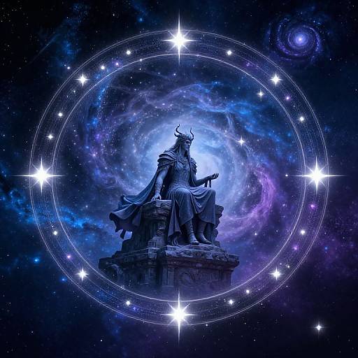 Digital artwork of a horned, cloaked statue holding a staff, centered in a cosmic swirl of blue and purple nebulae, surrounded by a