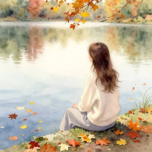 Digital painting of a woman with long brown hair in a white sweater and white skirt, sitting by a reflective lake, surrounded by autumn leaves and vibrant foliage