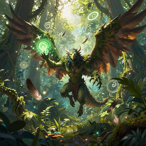 Aarakocra Druid Casting Nature Magic in Enchanted Jungle