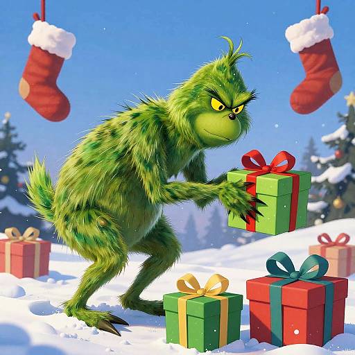 Digital illustration of a green, furry, angry-looking creature with yellow eyes opening a red gift box in a snowy landscape with hanging Christmas stockings and various wrapped