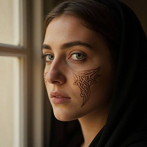 Photograph of a young woman with green eyes, dark brown hair, and intricate brown facial tattoos, gazing thoughtfully out a window.