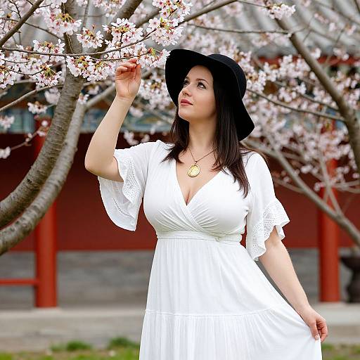 Photograph of an Asian woman with long black hair, wearing a white dress and black hat, touching cherry blossoms, standing in front of a red
