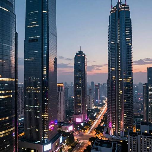 Photograph of a bustling city skyline at dusk, featuring tall, illuminated skyscrapers with glowing lights and a busy, light-filled street.