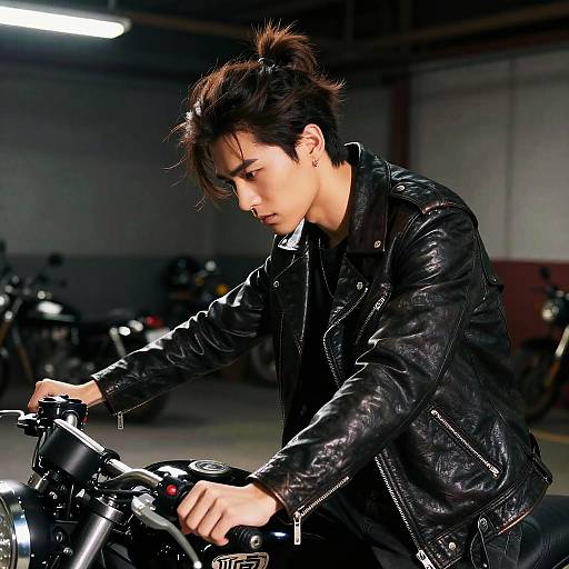 Photograph of an Asian man with messy black hair, wearing a shiny black leather jacket, riding a motorcycle in a dimly lit garage. Intense
