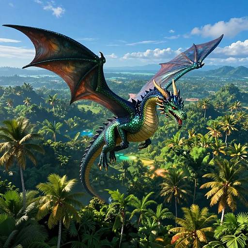Photorealistic digital art of a vibrant, green and blue dragon with large, membranous wings soaring above lush, tropical palm forests under a bright