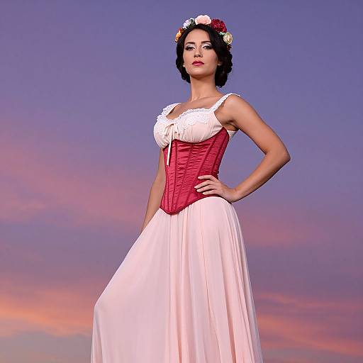 Photograph of a fair-skinned woman with dark hair, wearing a red corset, white lace bodice, and flowing pink skirt, adorned with
