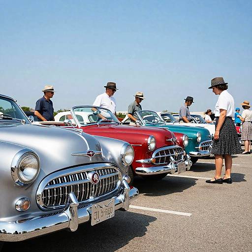 Photograph of a car show featuring classic cars in silver, red, and blue, with people in hats and casual clothing admiring the vehicles under a