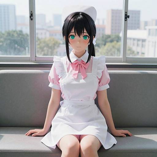 Digital anime-style drawing of a young woman with black hair, green eyes, and a white nurse uniform with pink bow, sitting on a gray bench by