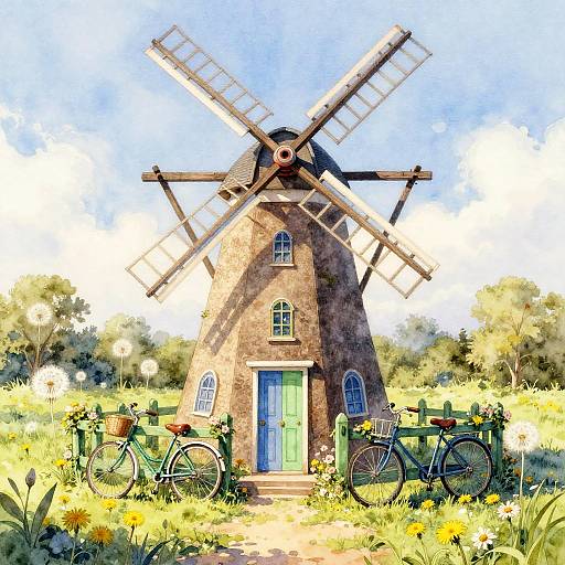 Colorful digital painting of a rustic brick windmill with green door, flanked by two bicycles, surrounded by vibrant yellow flowers and greenery under a
