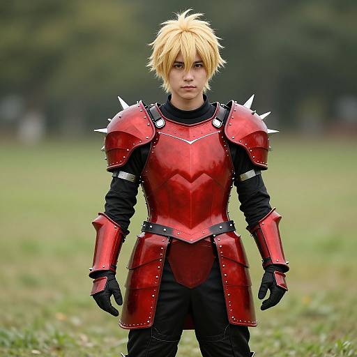 Photograph of a young man with blond hair in detailed red medieval armor, black gloves, and black pants, standing in a grassy field.