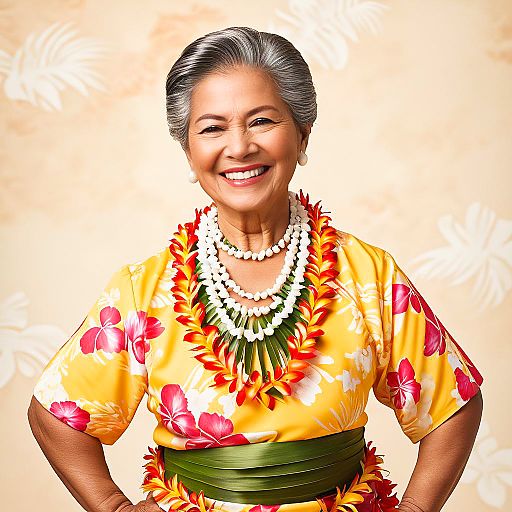 Proud Elderly Woman in Hula Festival Attire