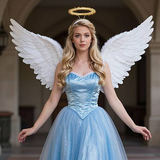 Digital artwork of a blonde angel with white wings, blue satin dress, halo, and ethereal glow, standing in a dimly lit arched hallway