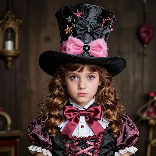 Photograph of a young girl with fair skin and curly brown hair, wearing a black top hat with pink bows, Victorian-style dress with red lace,