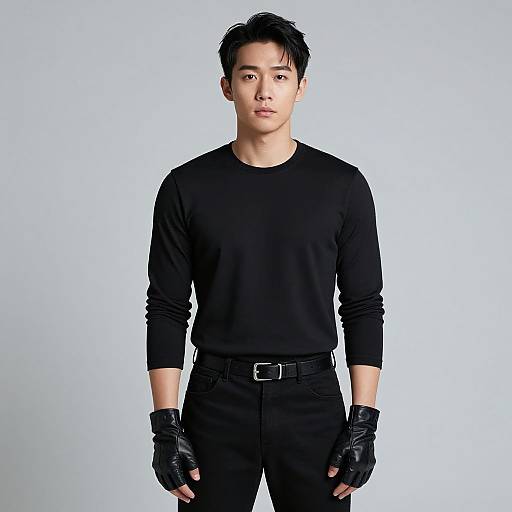Photograph of an Asian man with short black hair, wearing a black long-sleeve shirt, black pants, black belt, and black gloves,