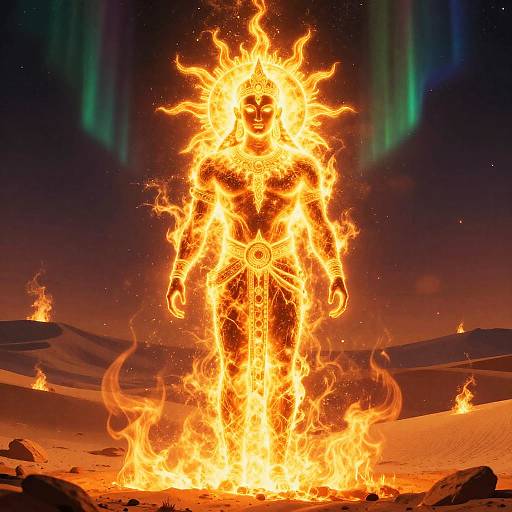 Photograph of a fiery, sun-like figure standing in the middle of a snowy landscape, with vibrant green auroras in the night sky above.