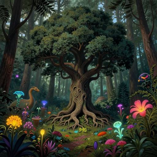 Digital fantasy forest scene with a giant, twisted tree at center, colorful glowing flowers, a long-necked bird, and lush greenery.